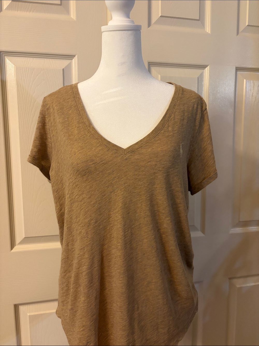 Polo by Ralph Lauren Women's V-Neck Short Sleeve Top in Camel Brown